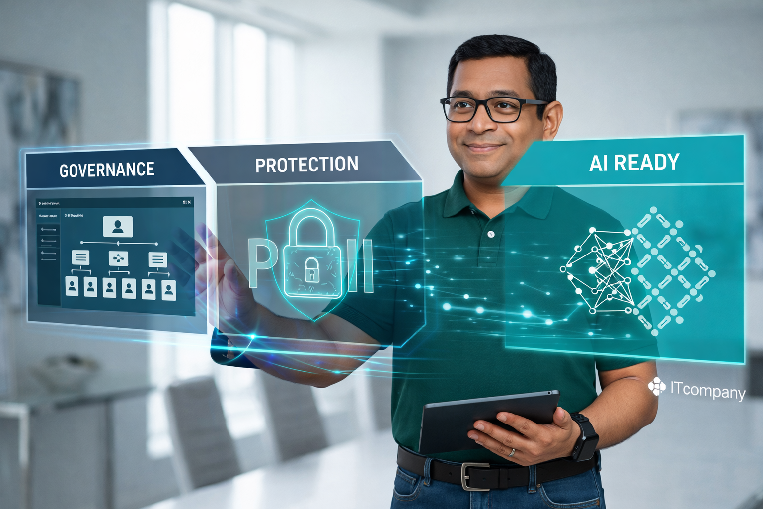 Executive interacting with governance, data protection, and AI readiness dashboard in a modern enterprise environment