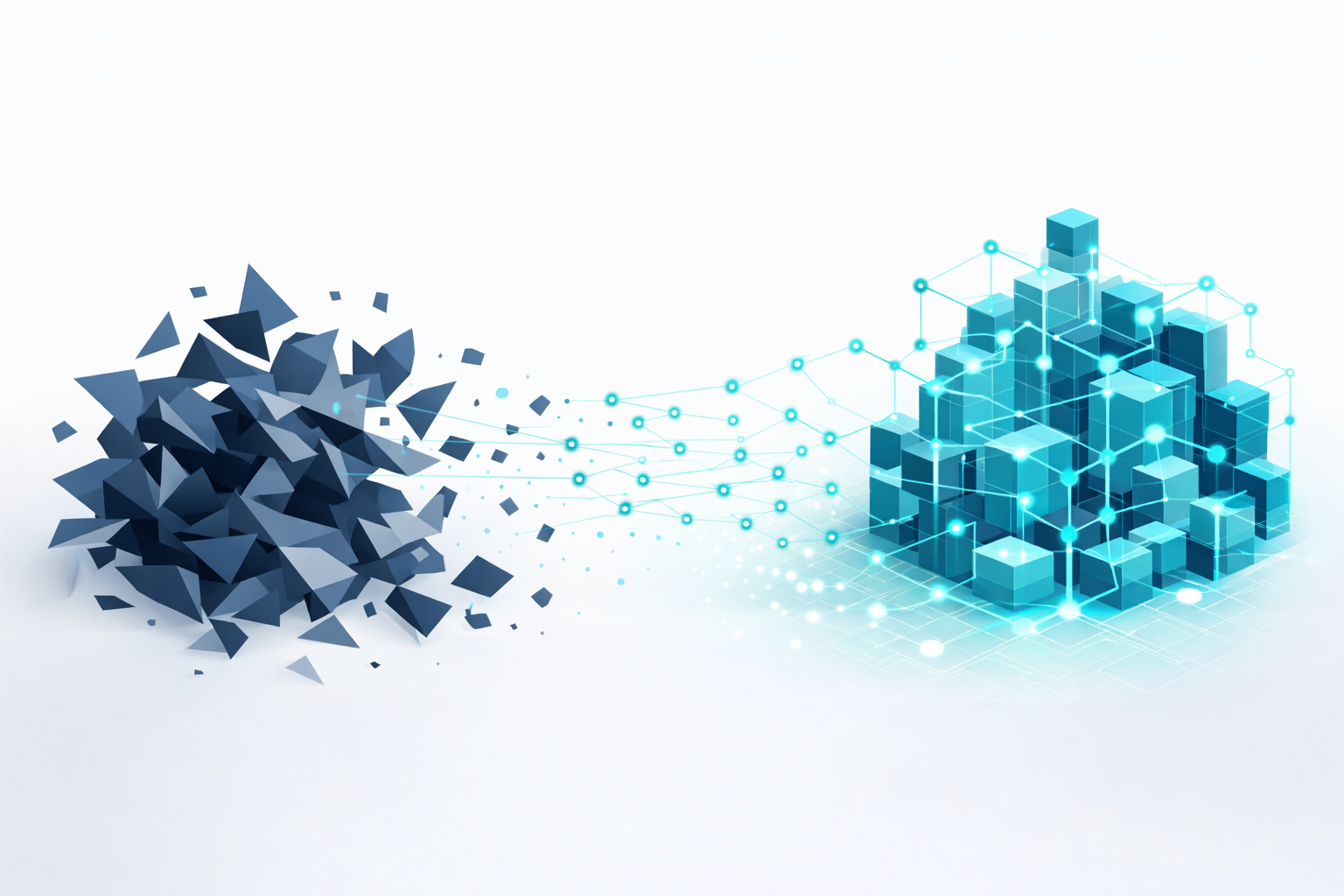 Minimalist IT company branding graphic illustrating a data transformation process. On the left, dark blue and gray fragmented geometric shapes represent unorganized raw data. Moving to the right, these elements transition into tidy, organized rows of glowing teal dots that assemble into a complex, interlocking matrix, symbolizing clean, governed, AI-ready data.